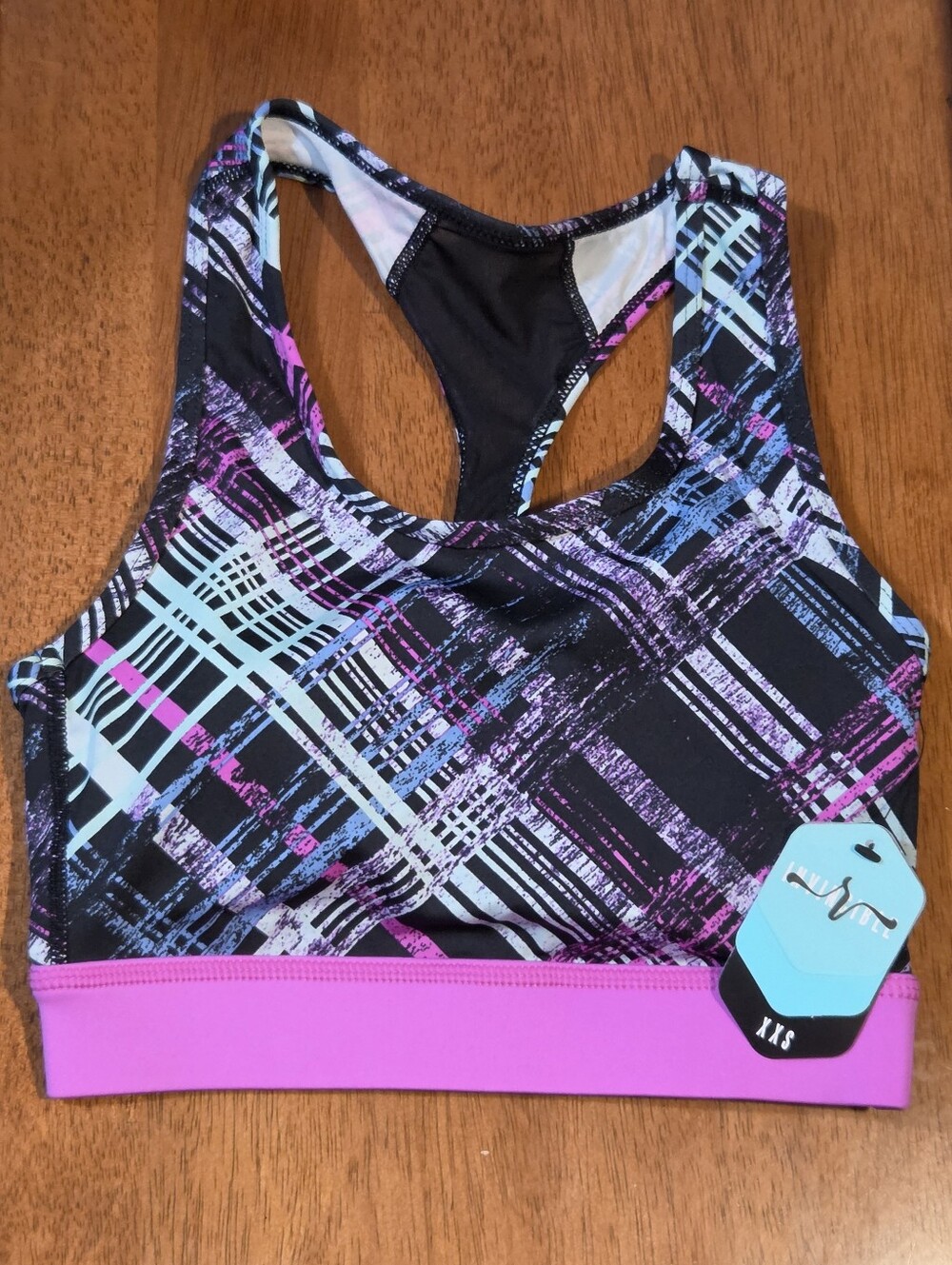 LuLaRoe Rise Invincible Black Sports Bra with Pink & Aqua Plaid Print New